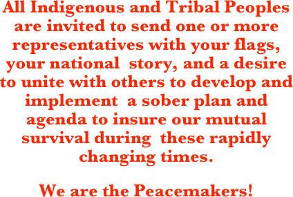 All Indigenous and Tribal Peoples are invited to send one or more representatives with your flags, your national  story, and a desire to unite with others to develop and implement  a sober plan and agenda to insure our mutual survival during  these rapidly changing times. 

We are the Peacemakers!